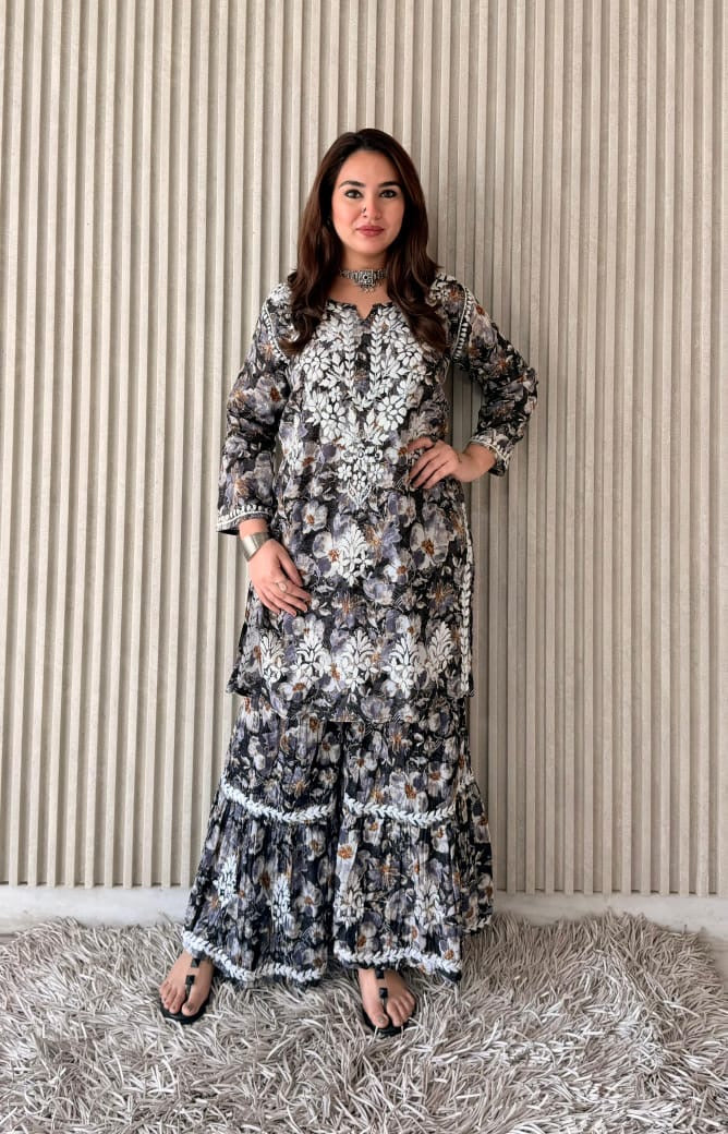 Short Pure Chikankari Gharara Set