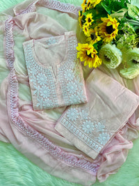 Soft Pastels 3pc Cotton White embroidered kurta