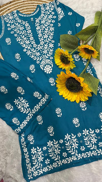 Reyon heavy work chikankari white embroidered set