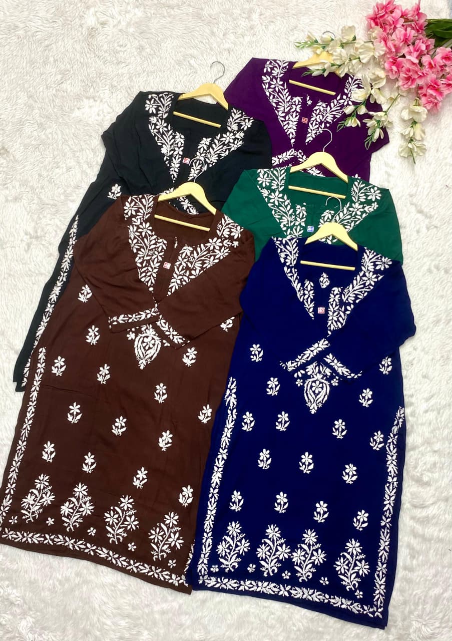 Rayon self white Embroidered