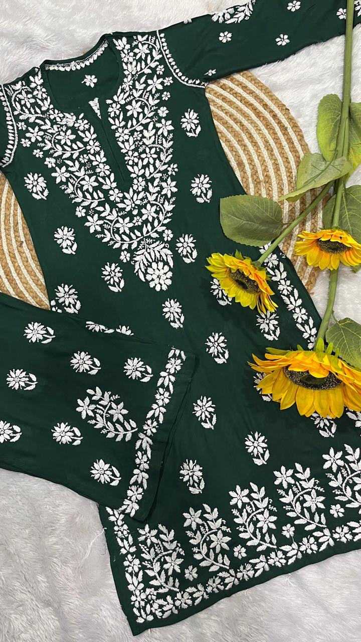 Reyon heavy work chikankari white embroidered set