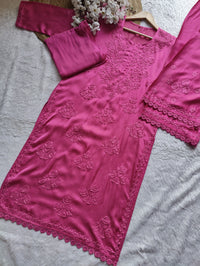 Modal Cotton Satin Embroidered 3pc Set