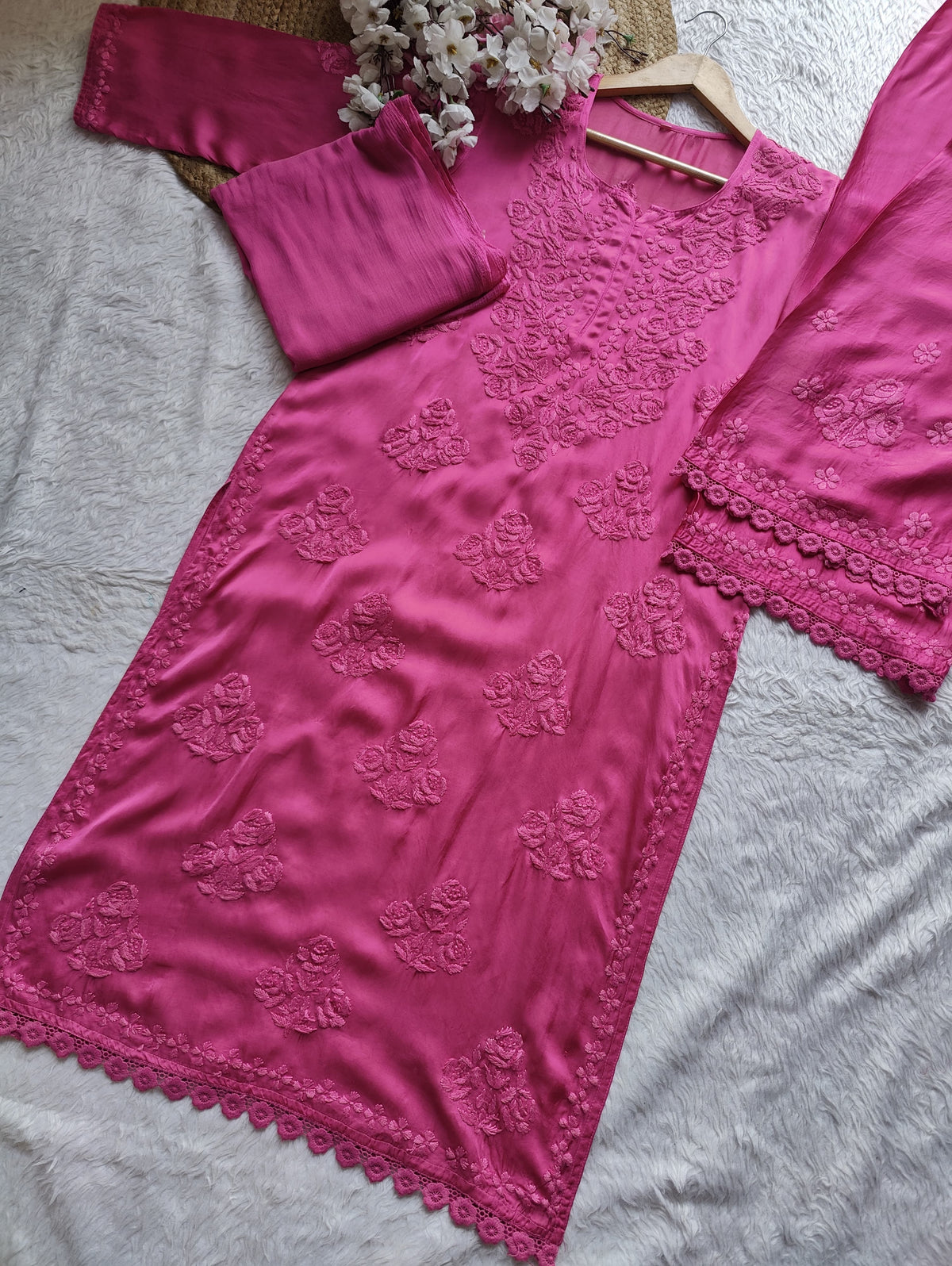 Modal Cotton Satin Embroidered 3pc Set