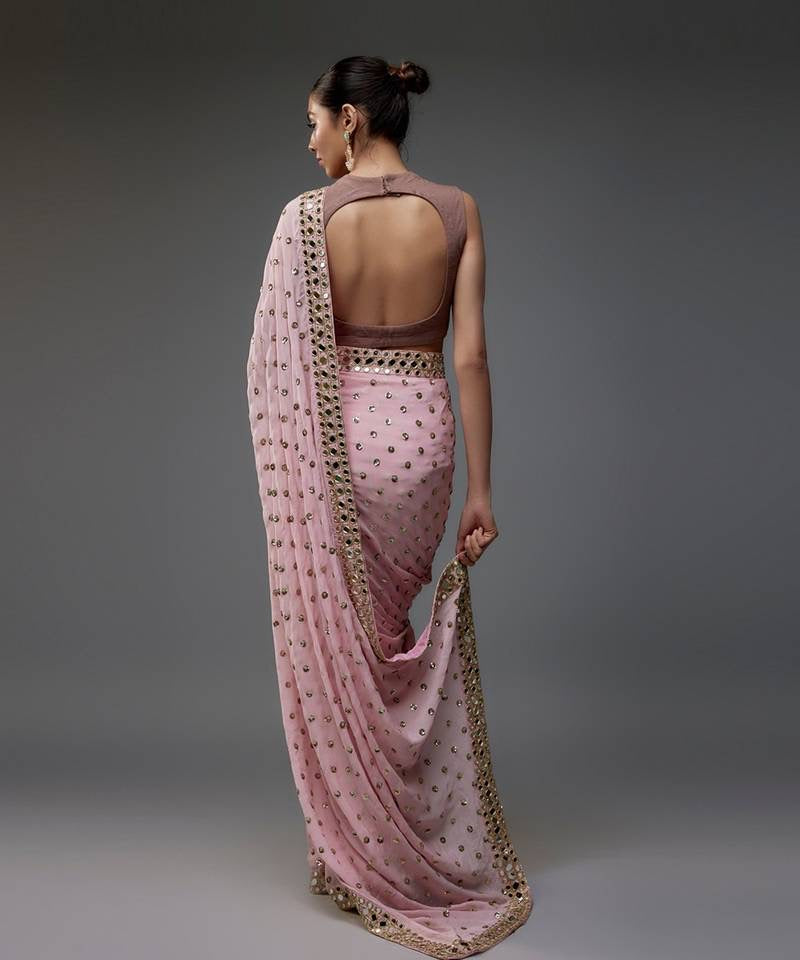 Sequins Baby Peach heavy Faux Georgette saree