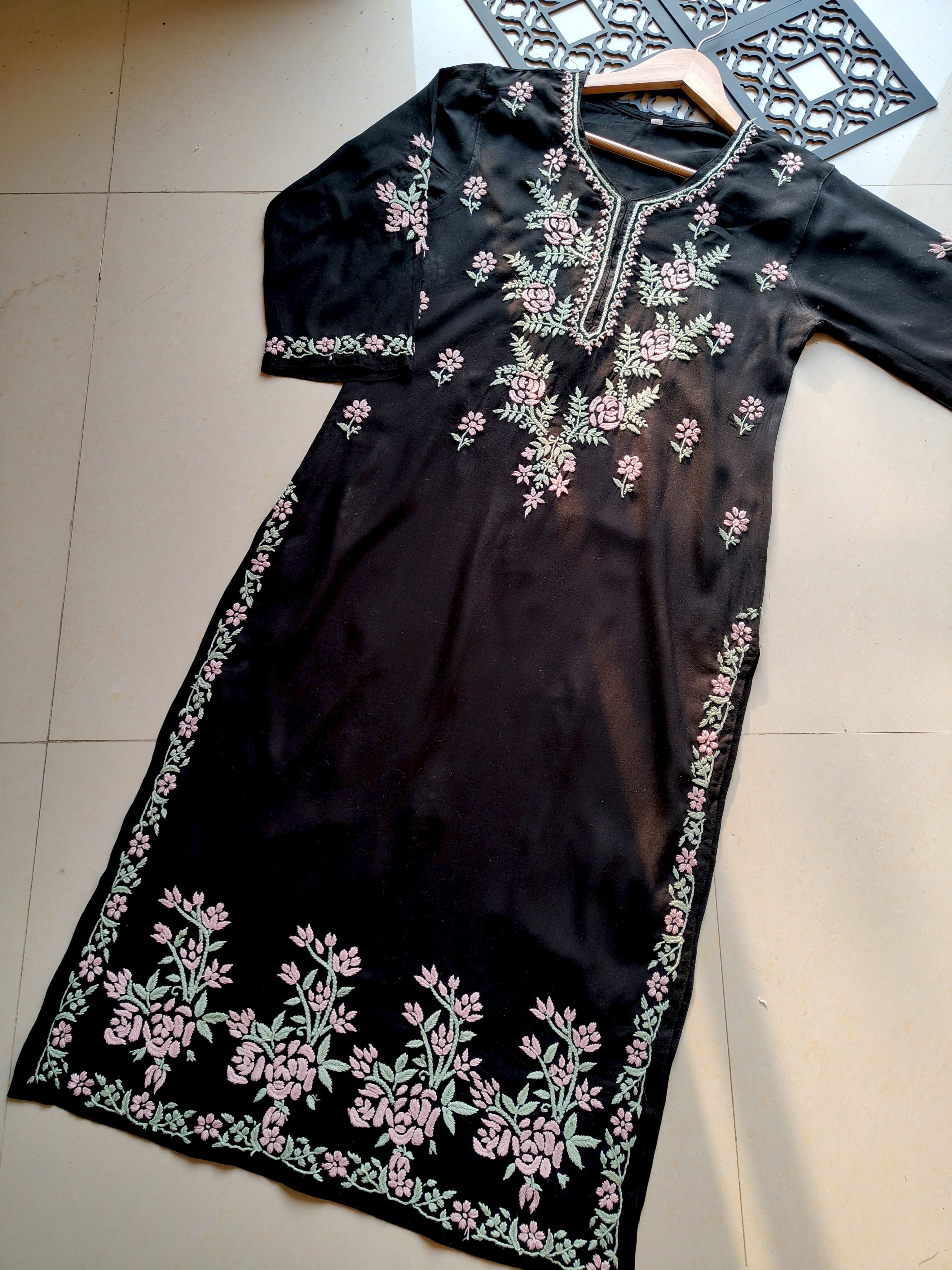 Designer Black kurta with dual colour thread fine chikankari work