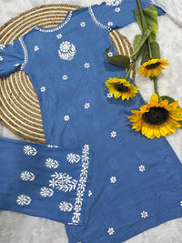 Reyon heavy work chikankari white embroidered set