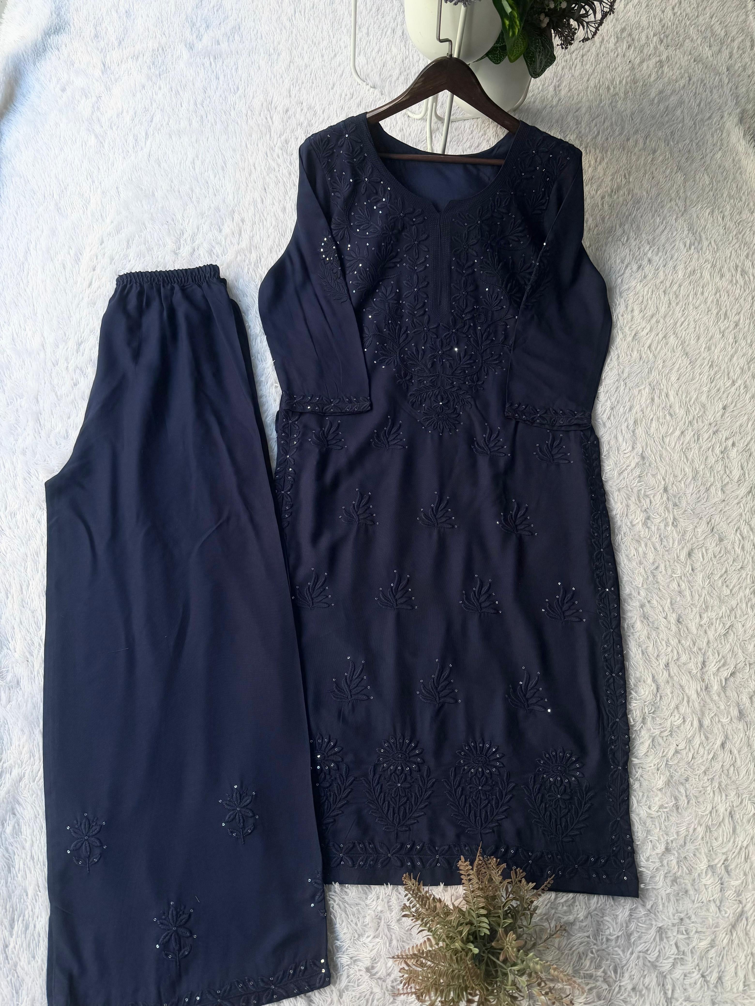 Denim blue 3pc Ayaat Embroidered Set