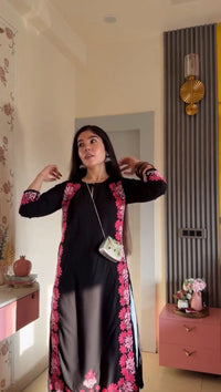 Glowing pink thread Black Base Chikankari Long Kurta