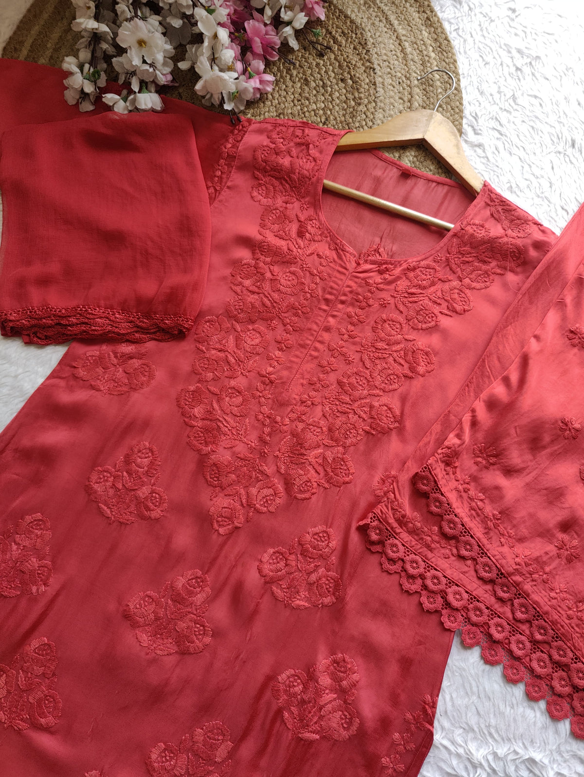 Modal Cotton Satin Embroidered 3pc Set