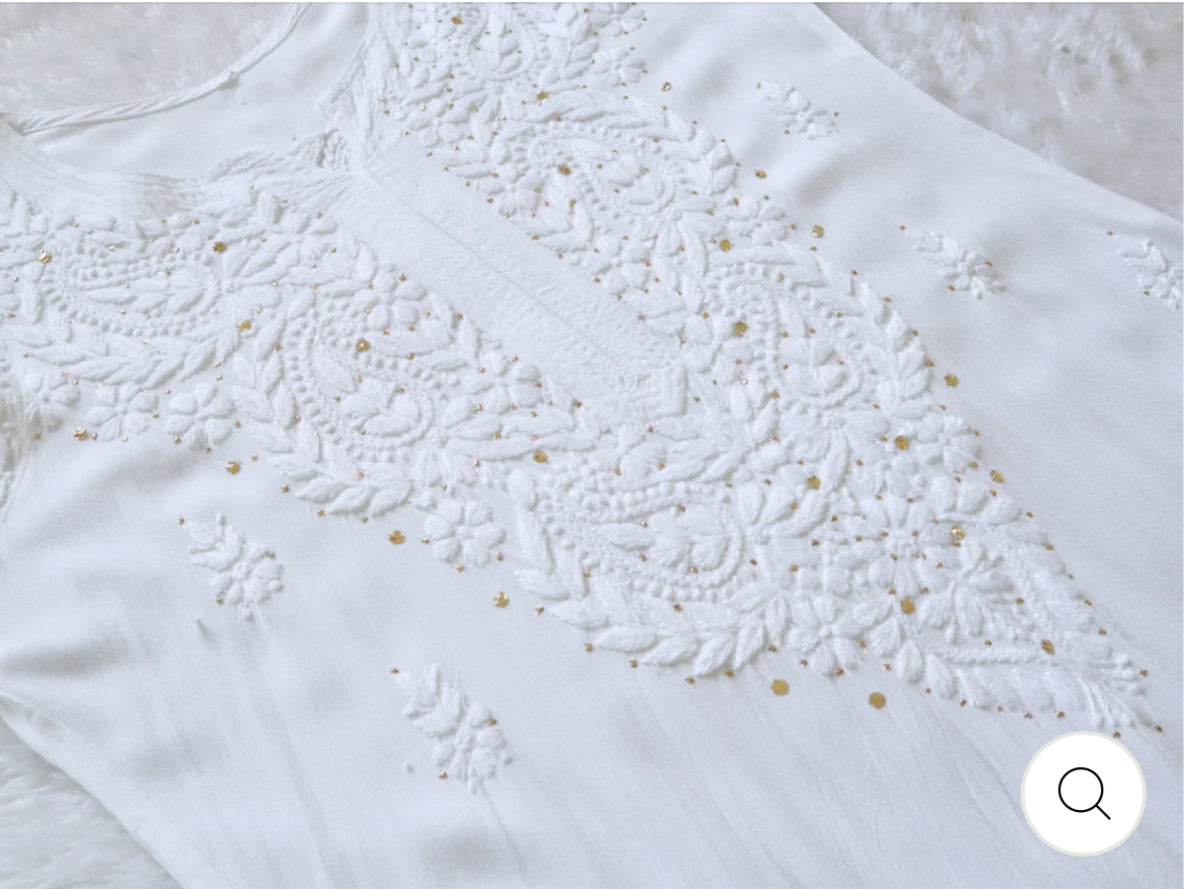 Zoya White Long rayon Muqaish Work kurta & Plazzo 2pc