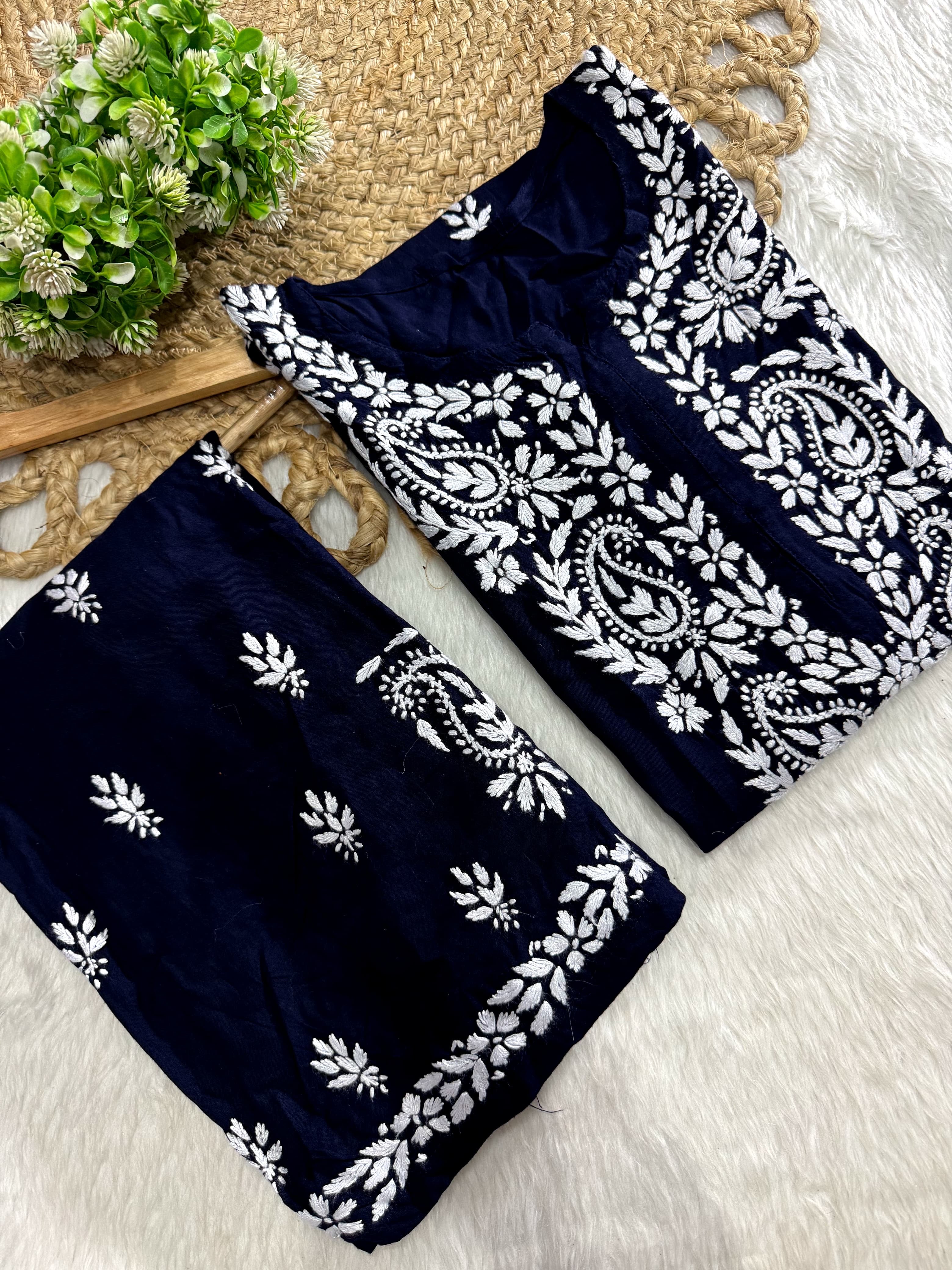 Rayon white embroidered Kurta and plazzo