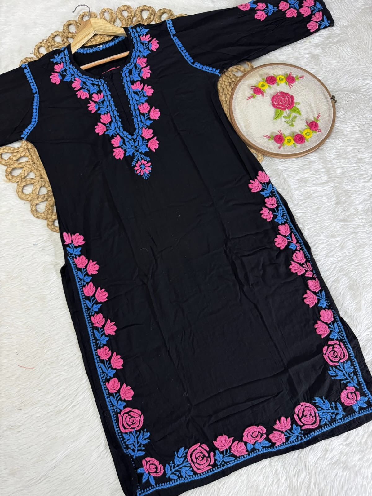 Thread work rayon Coloured Flowers Kurta