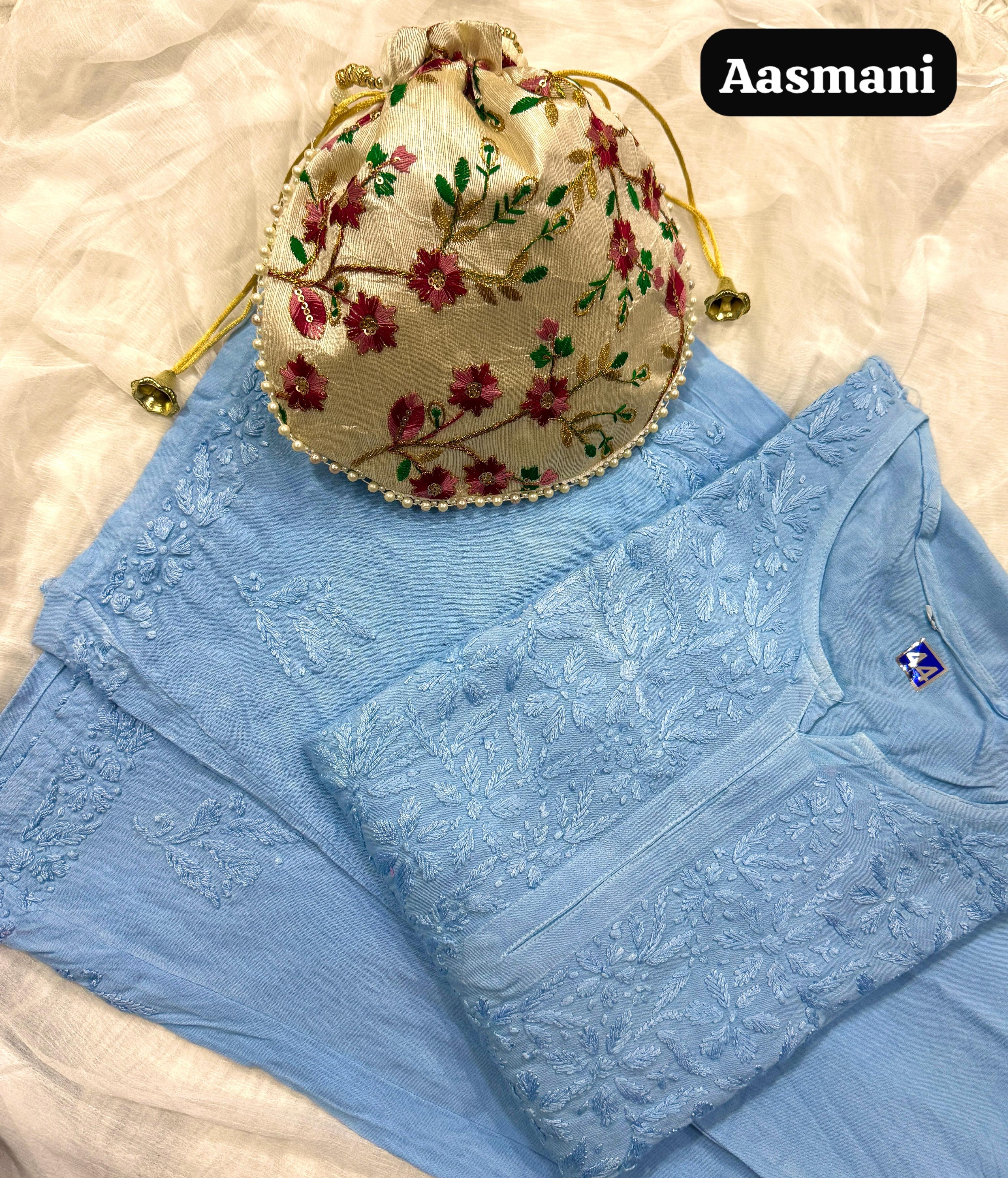 Modal lucknowi Daman rich work Kurta and plazzo with Potli Bag