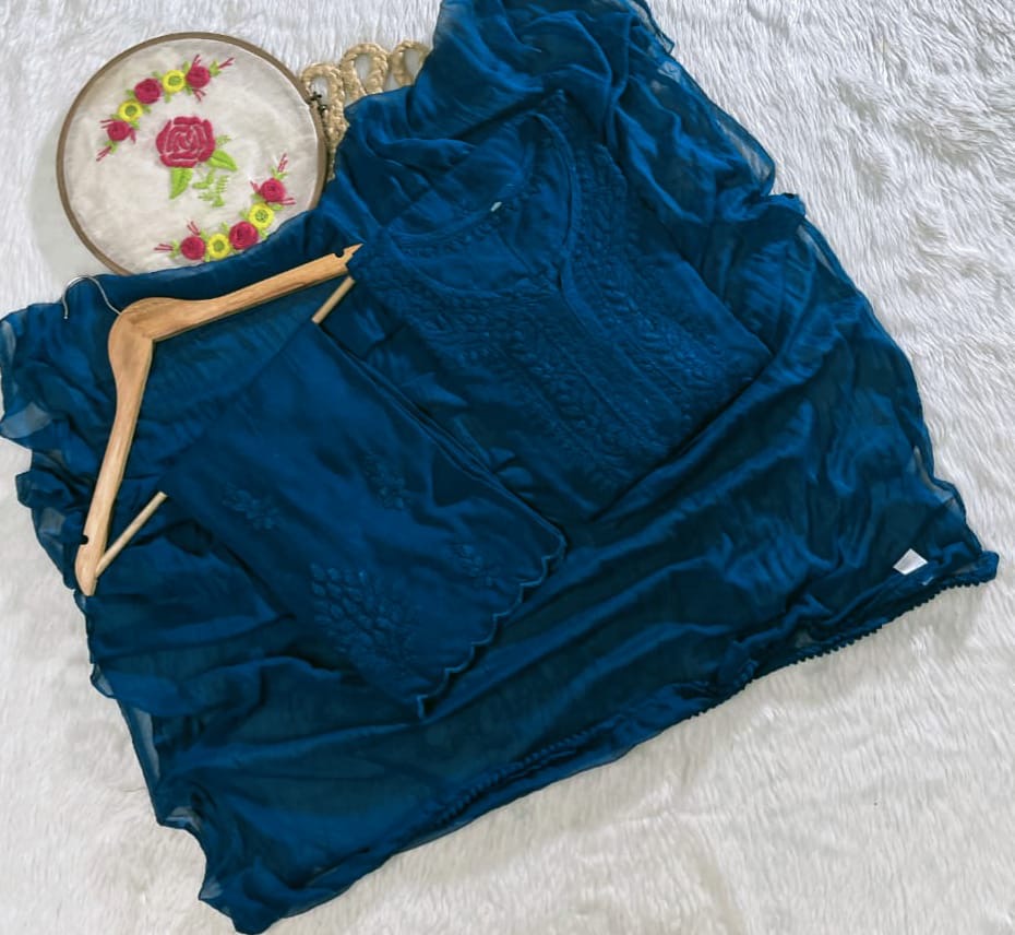 Exclusive Rayon Cutwork 3pc Set with Chiffon Dupatta