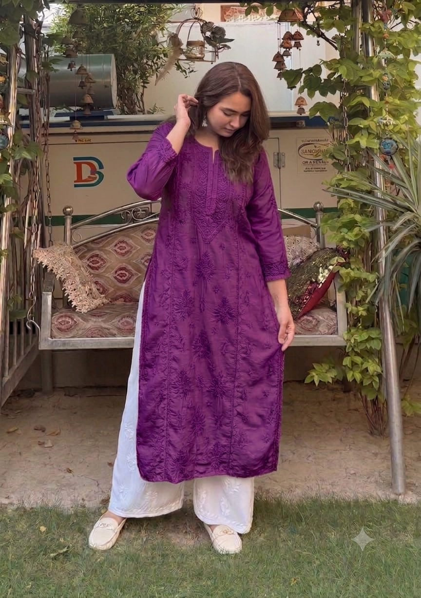 Chanderi 3d Gala Panel chikankari kurti