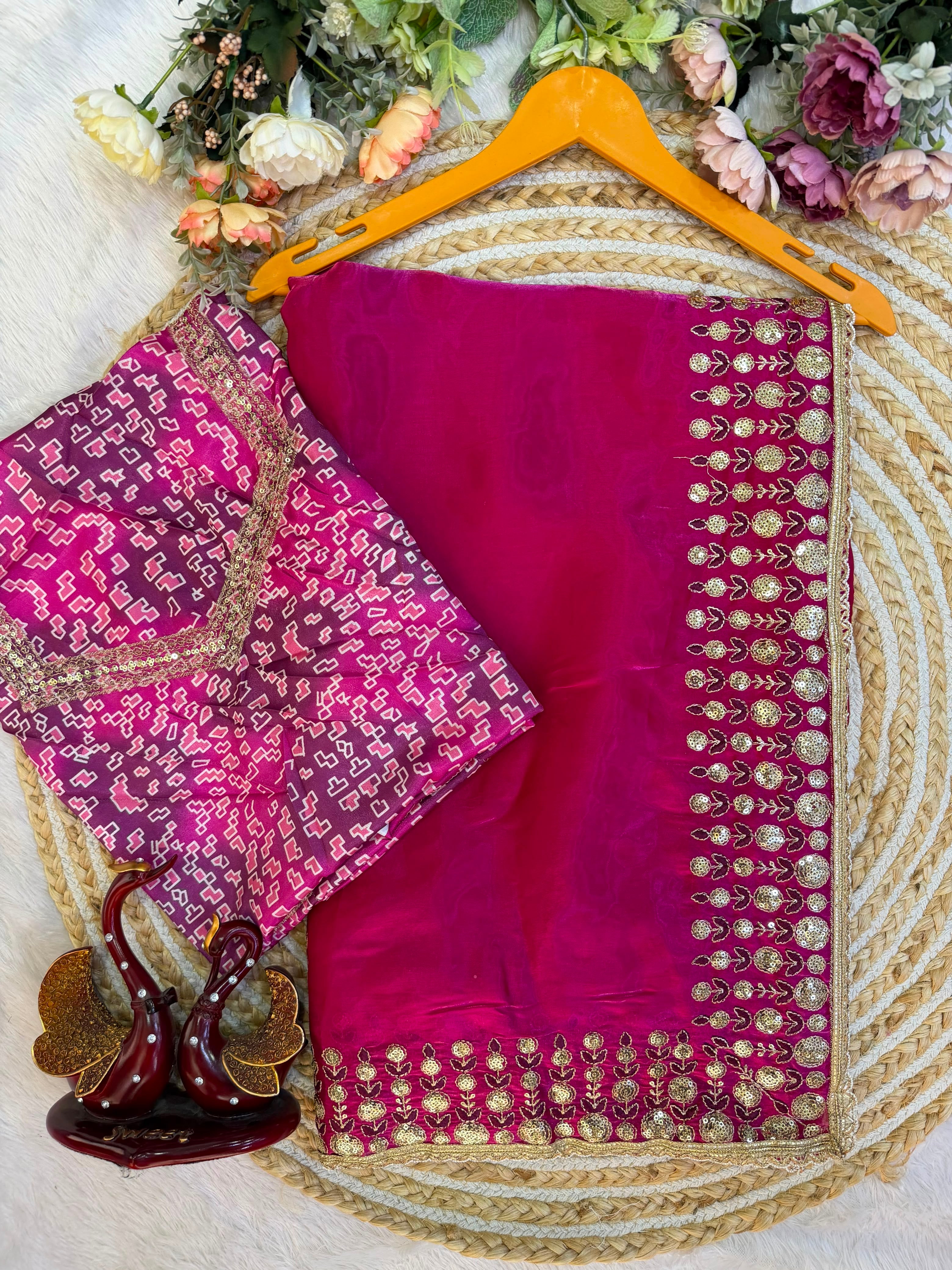 Pink Jimmy Satin Saree Unstiched