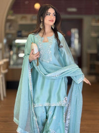 Pure Glass Sarin with Farshi Salwar & Dupatta Sky Blue Set - Chikankari official
