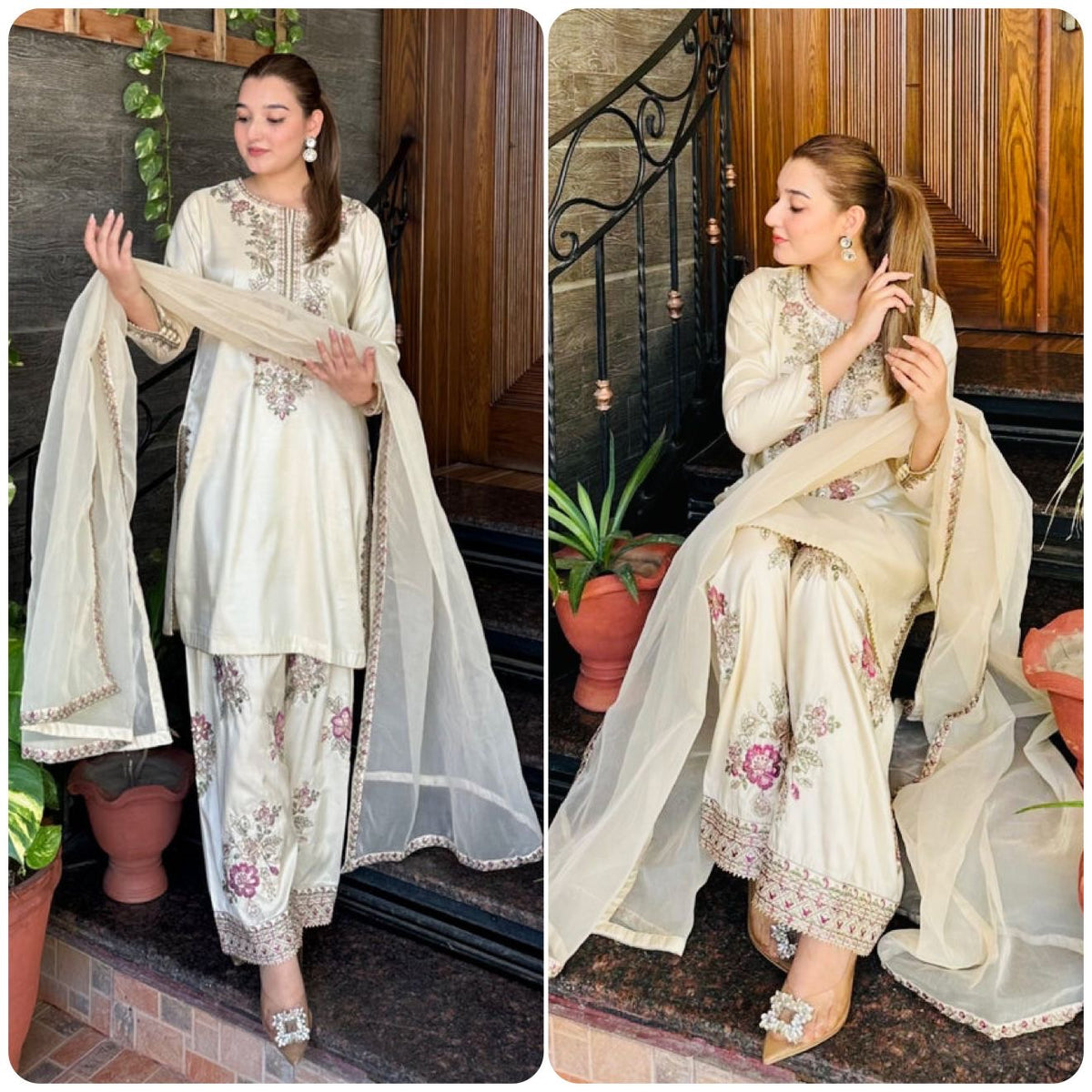Pakistani 3pc White Bird Suit Set - Chikankari official