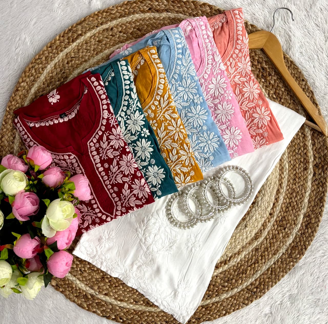 Ghasspatti thread work muslin short Top