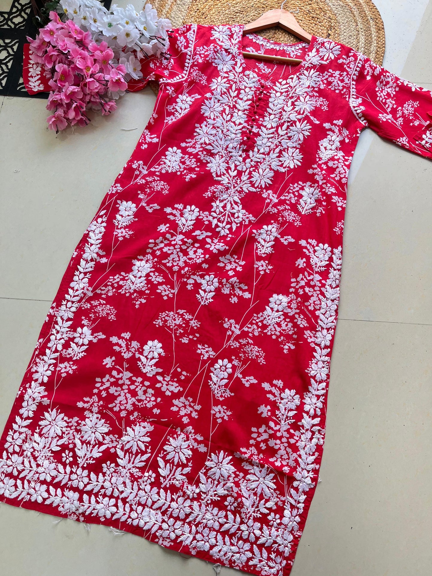 Leafy Print Latest Contras Mul Mul Chikan Kurta