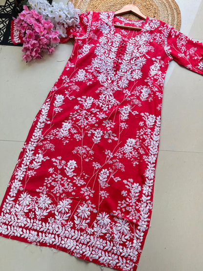 Leafy Print Latest Contras Mul Mul Chikan Kurta