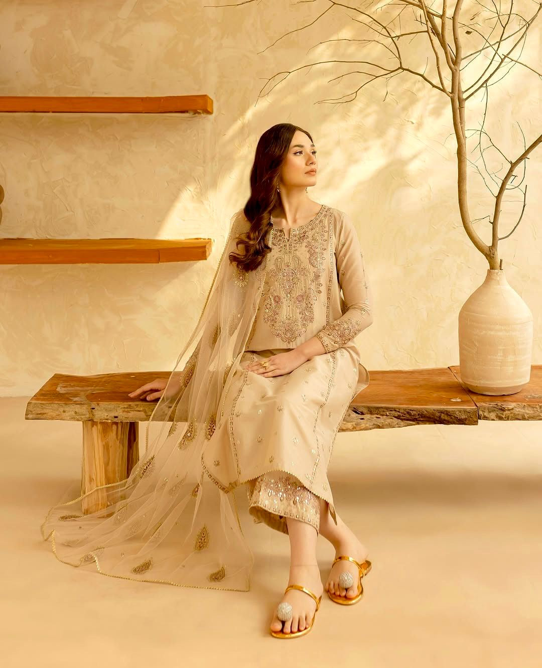 Cream Pakistani Pure Roman Silk Embroidered 3pc Set