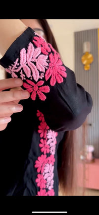 Glowing pink thread Black Base Chikankari Long Kurta