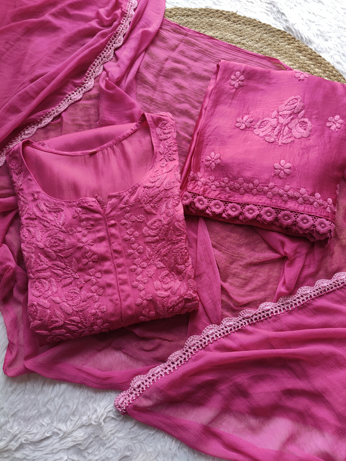 Modal Cotton Satin Embroidered 3pc Set