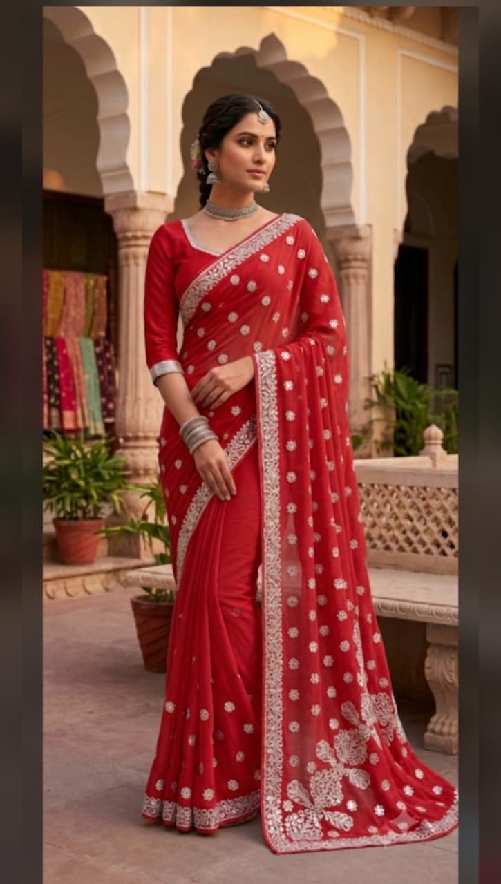 chikankari fancy Georgette saree border palli with blouse Gota patti