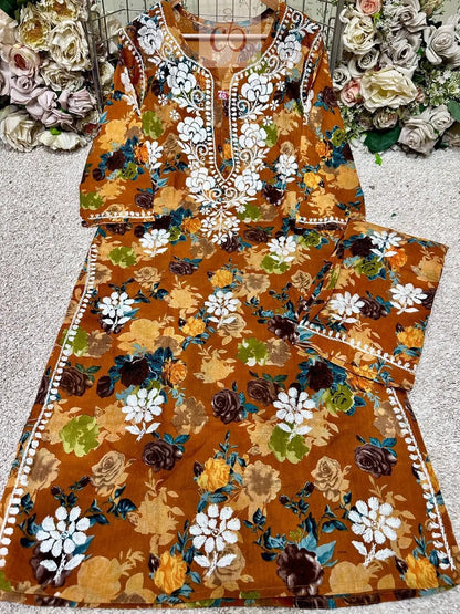 Floral Printed Mul Mul Plazo Set Chikankari Official