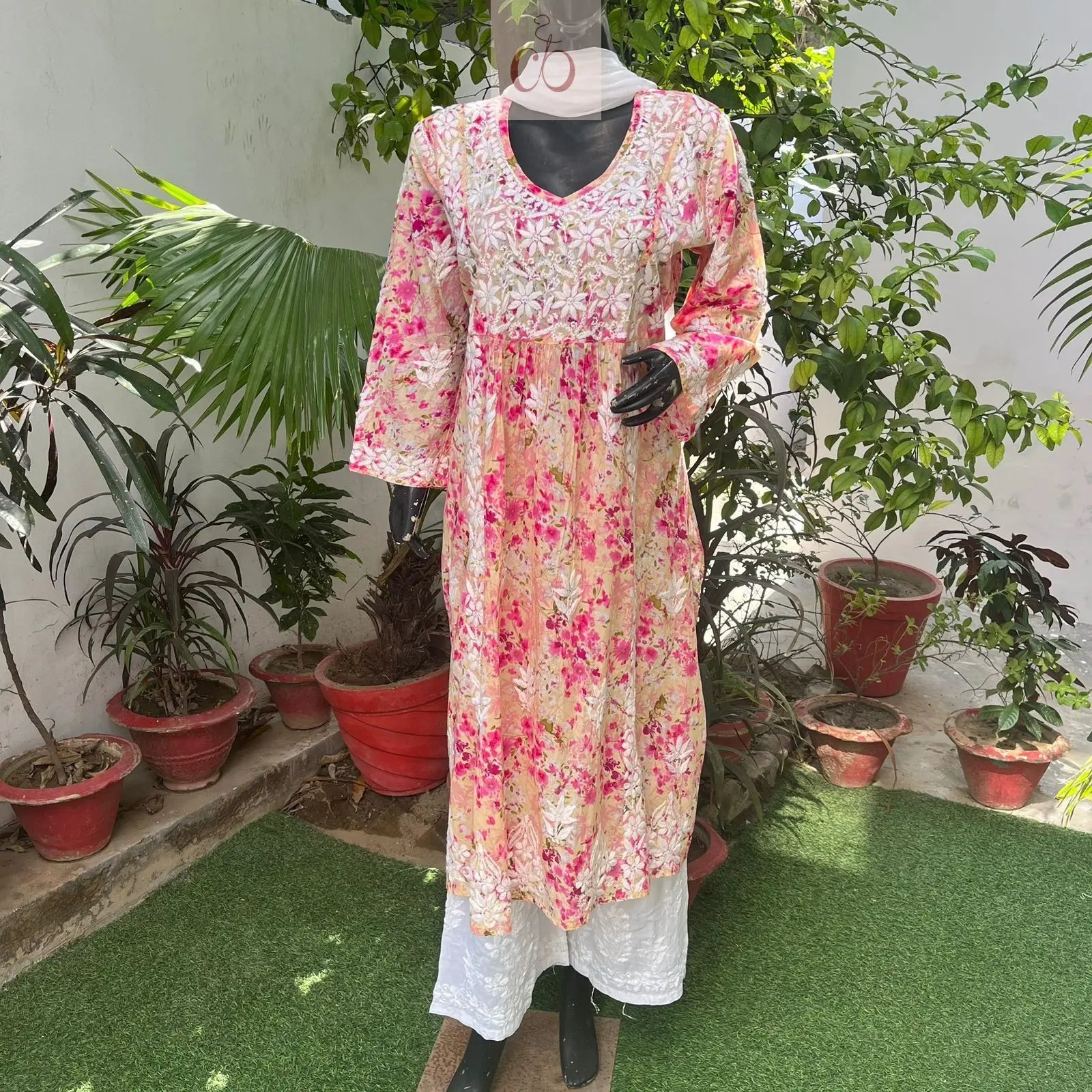 Heavy Mul print Yoke neck Gathered Kurti - Chikankari Official