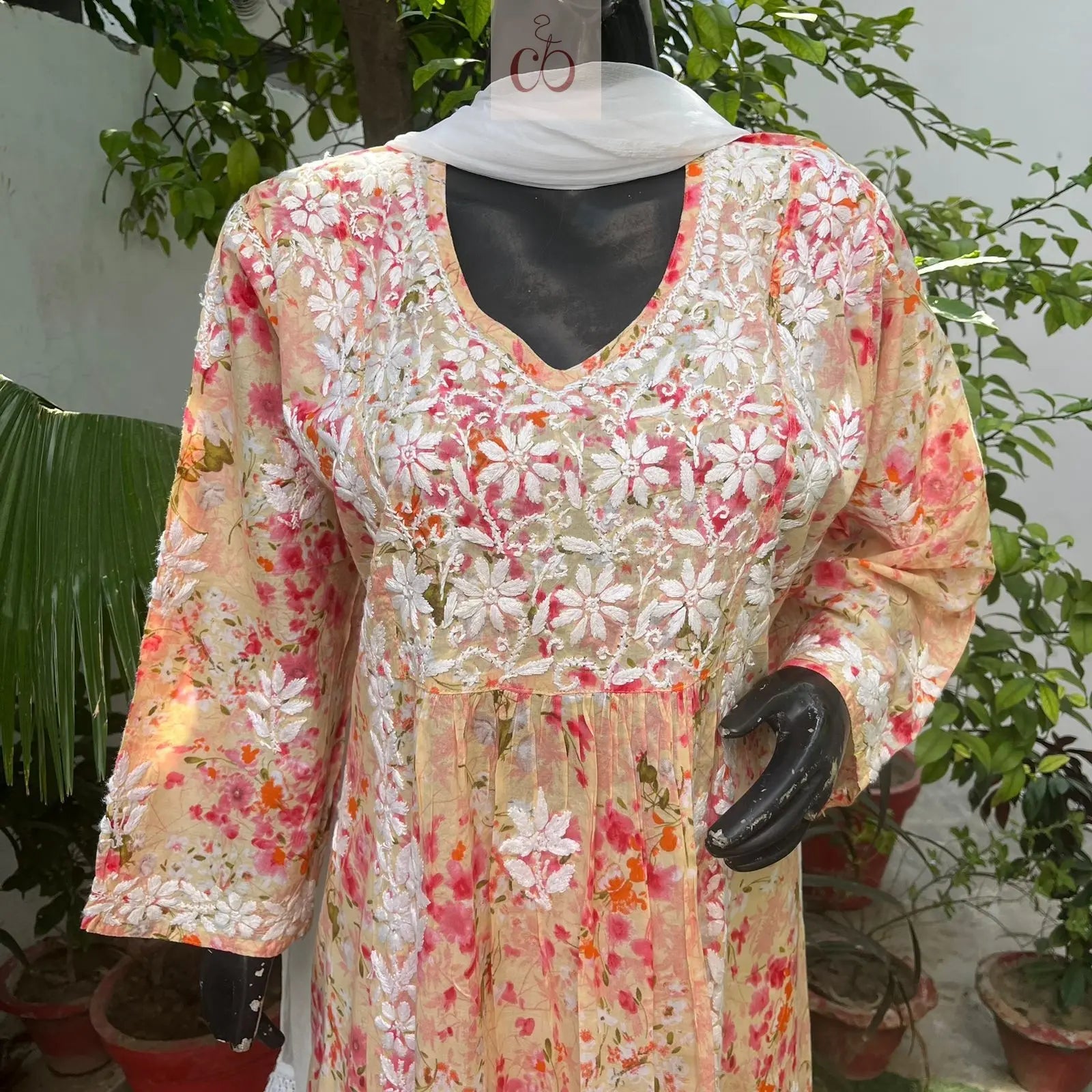 Heavy Mul print Yoke neck Gathered Kurti - Chikankari Official