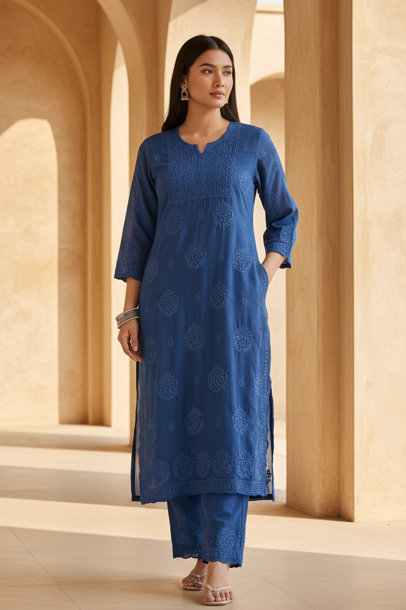 3d Chikankari pure chanderi Set