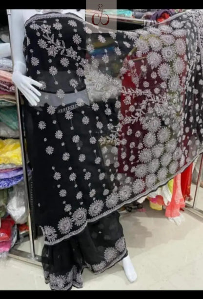 Lucknowi Heavy Georgette’ Skirt with Heavy Buta On pallu Saree Chikankari Official