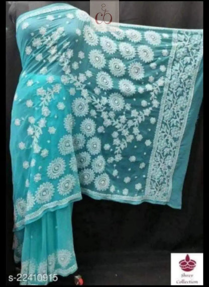 Lucknowi Heavy Georgette’ Skirt with Heavy Buta On pallu Saree Chikankari Official