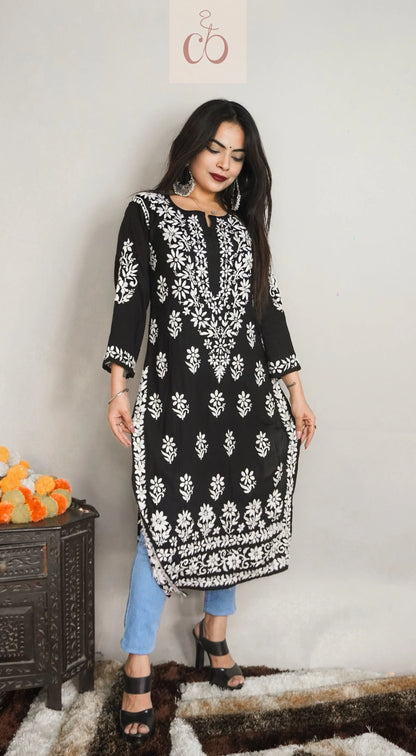 The Premium Celebs Fav Black chikankari Modal Kurta with White embroidery ( Naveli Khatri Speical ) - Chikankari Official