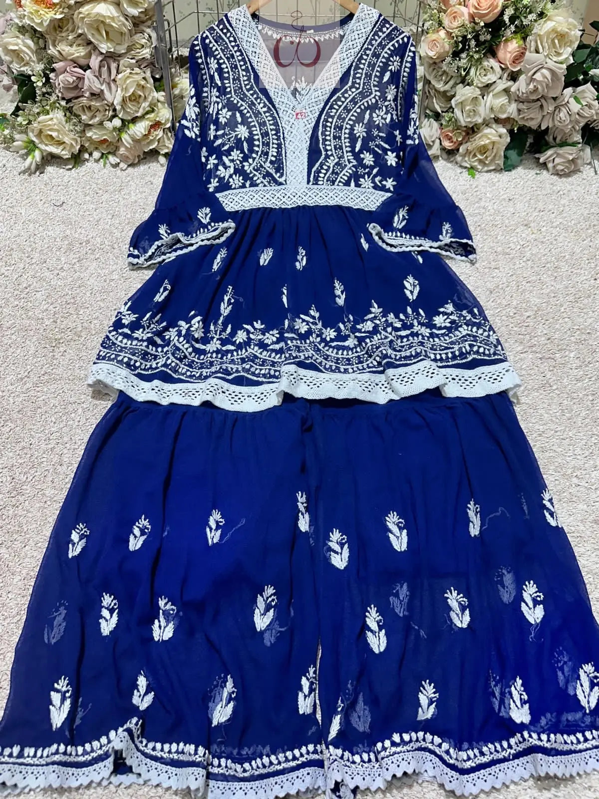 V Lace Chikankari Gharara set - Chikankari Official