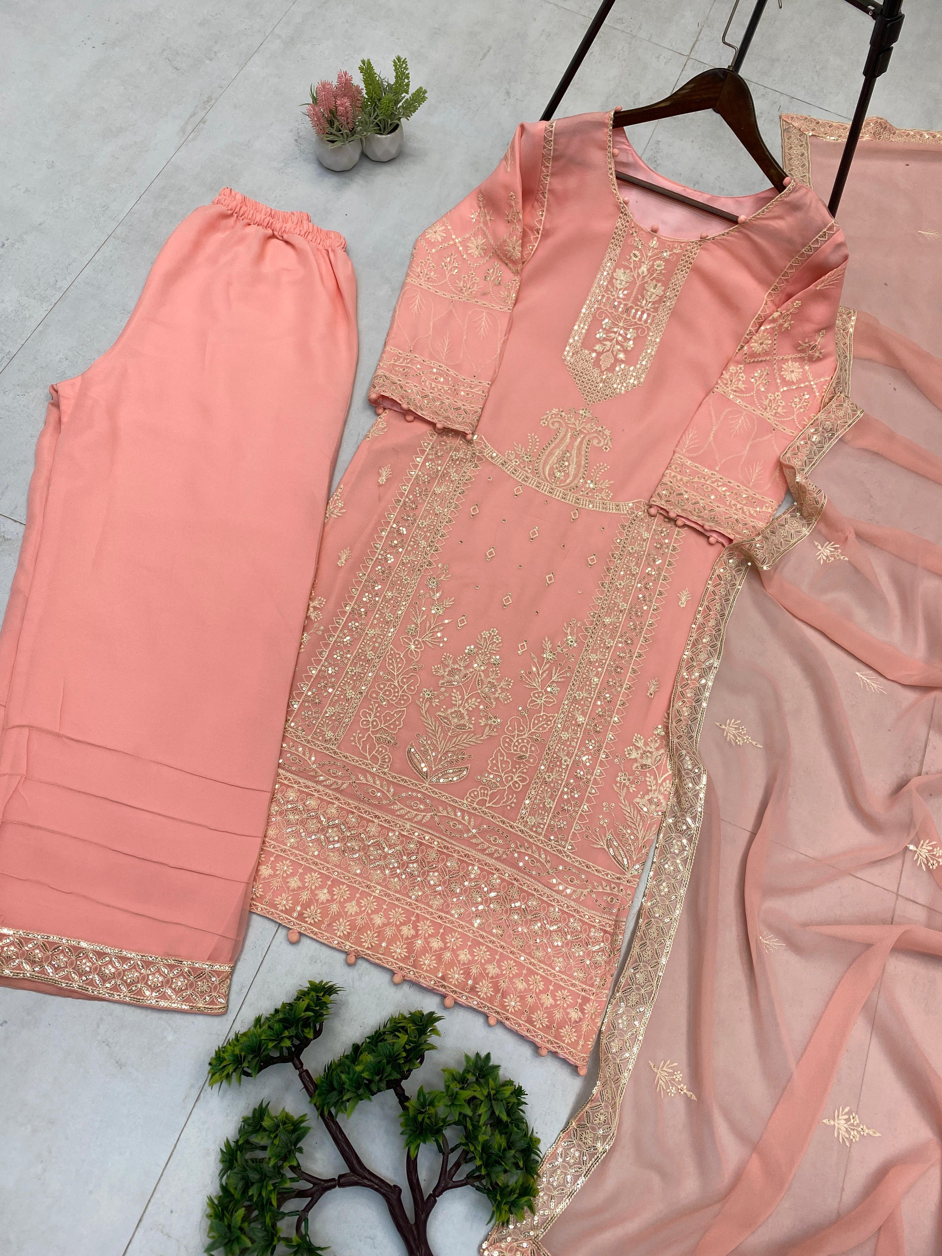 3 PIECE PLAZZO PAIR WITH   DUPATTA IN SEQUENCE EMBROIDERY WORK