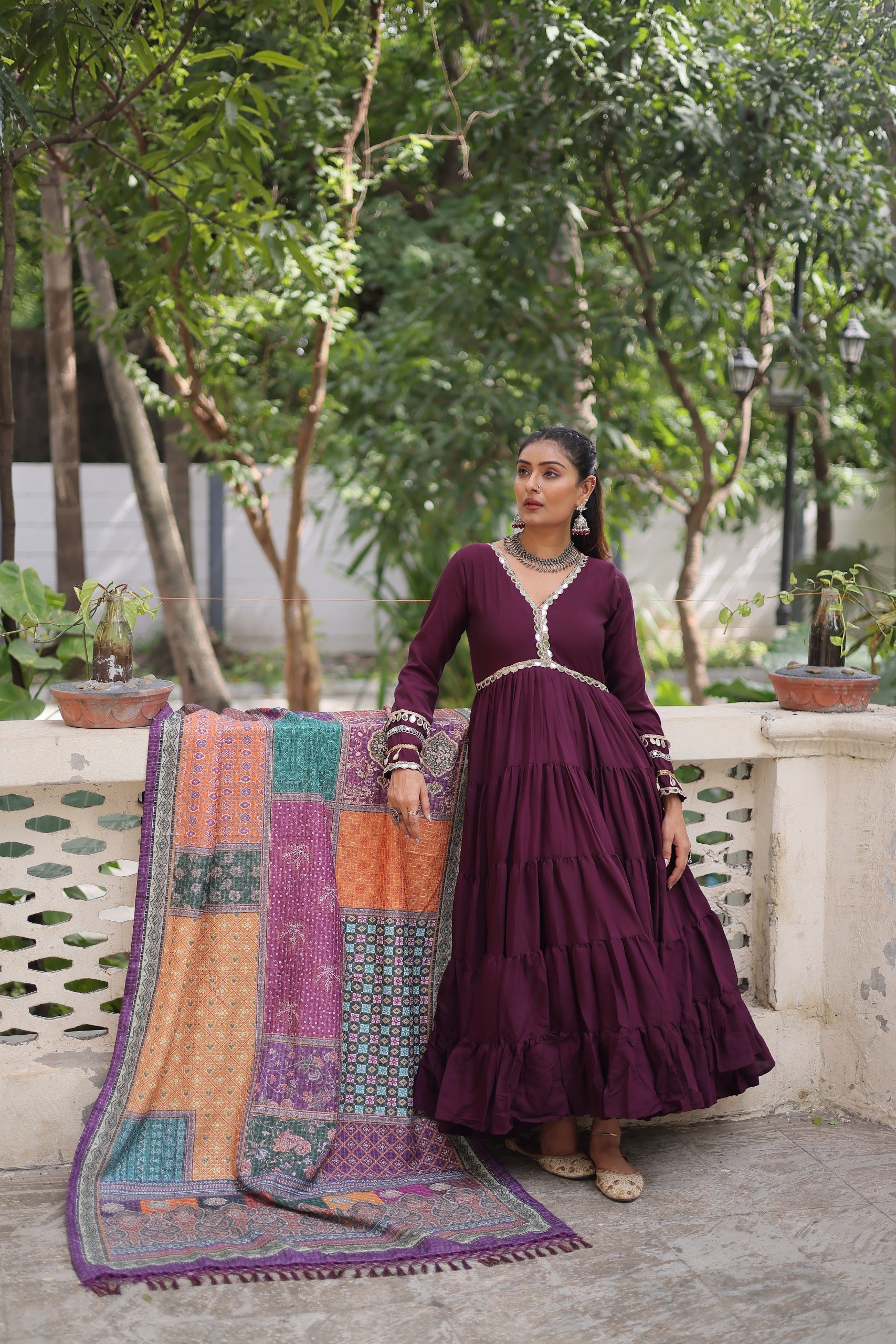 Roman Fabrics With Frill Stitching and mirror lace work