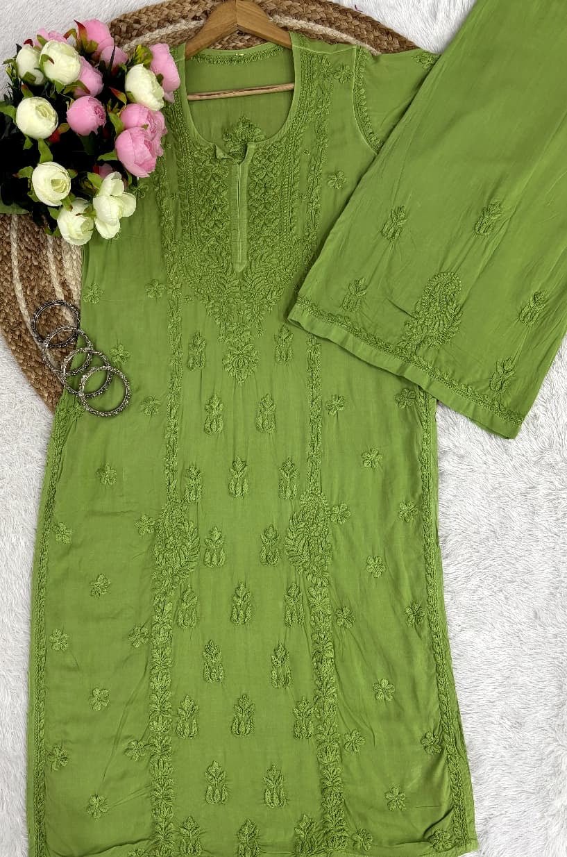 Anchor Thread 3d Panel Modal kurta Set - Chikankari official