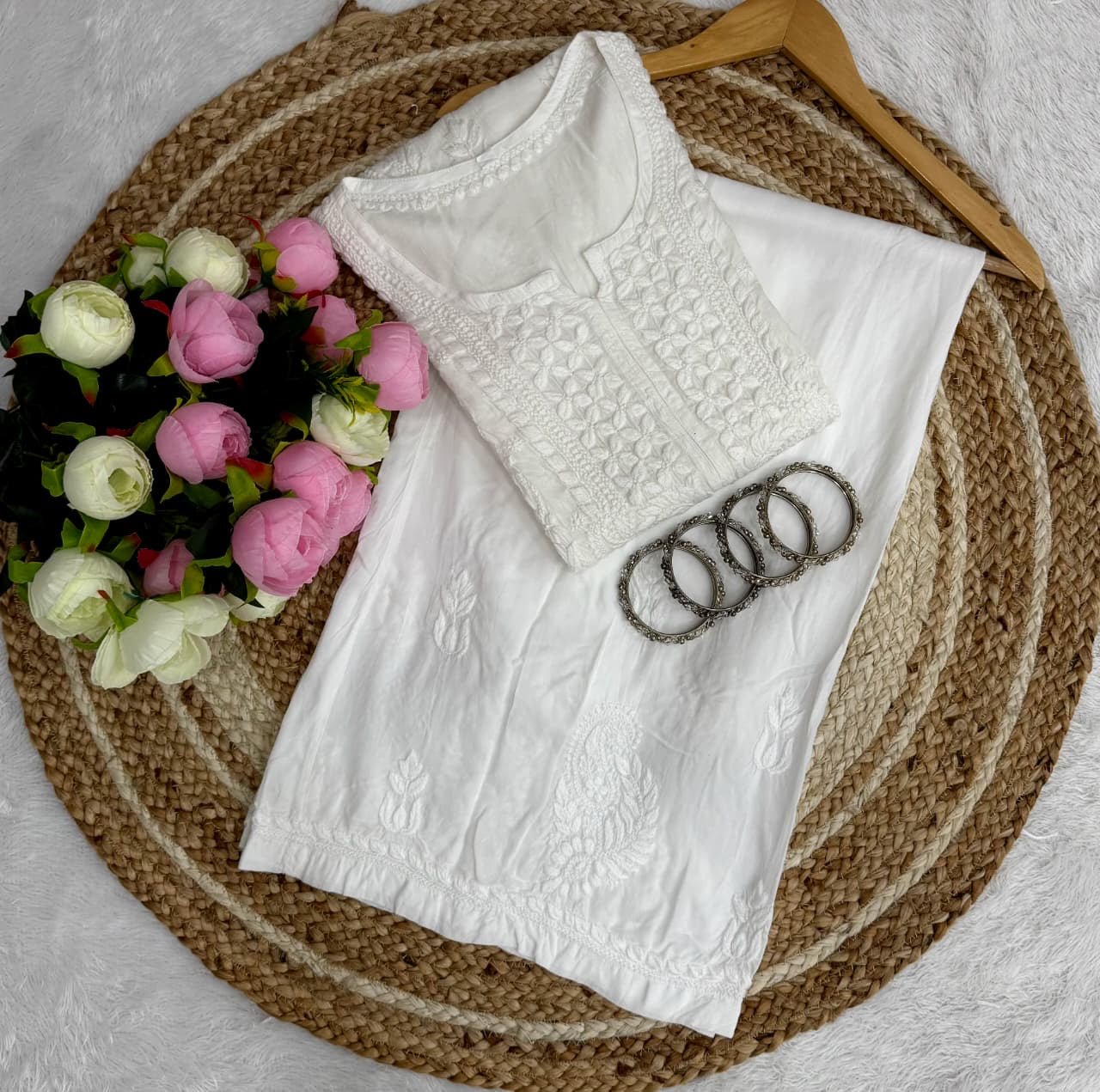 Anchor Thread Beautiful 3D Panel Hand Work Modal Kurti & Plazo Set - Chikankari official