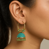 Aqua Blue Dome Jhumka with Beads - Chikankari official