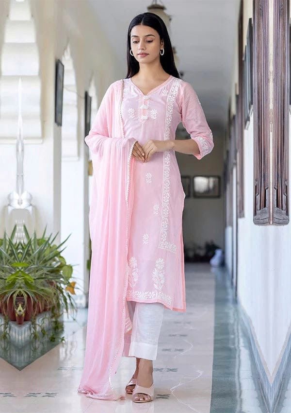 Baby pink Womens 3pc Suit Set - Chikankari official