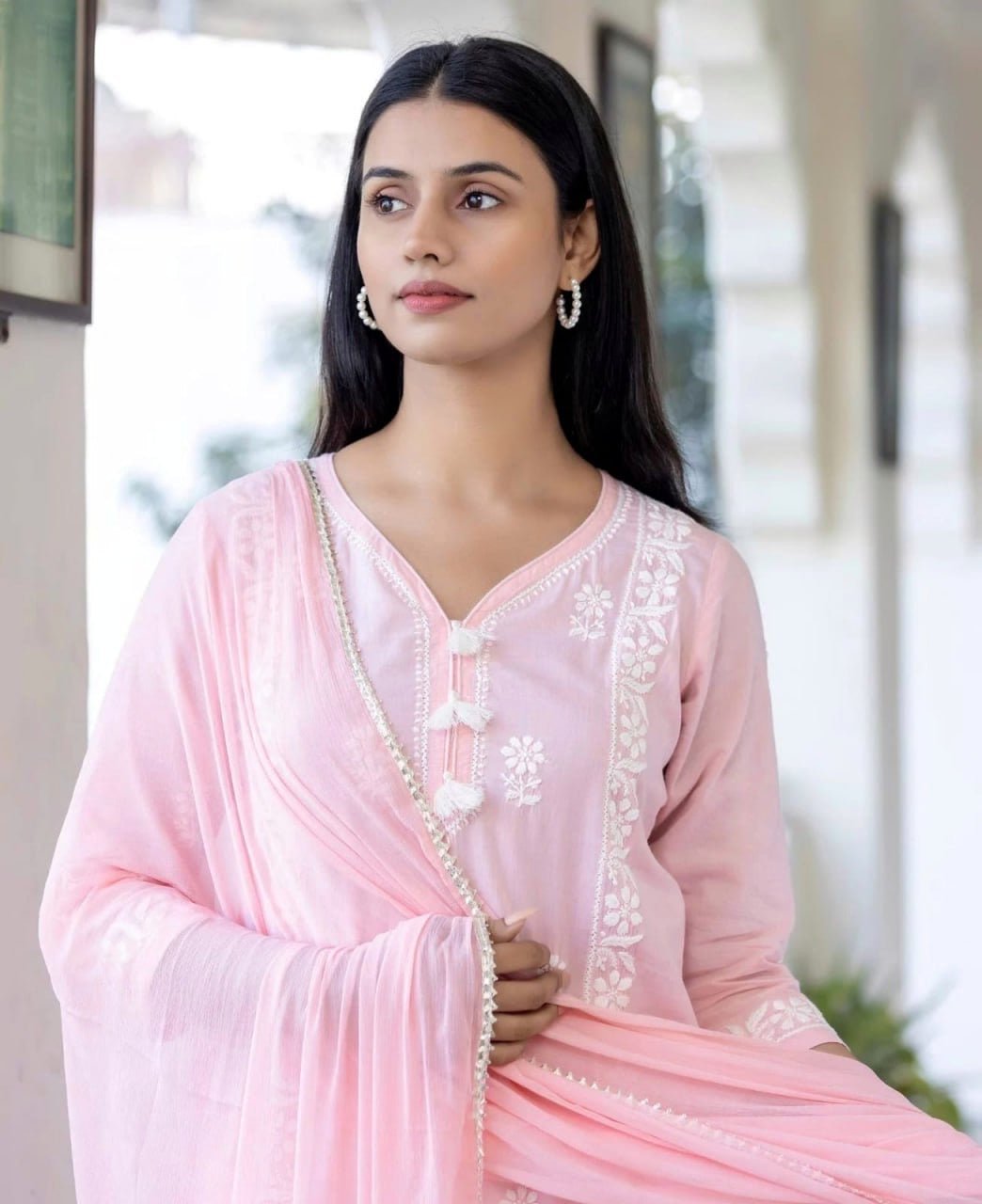 Baby pink Womens 3pc Suit Set - Chikankari official