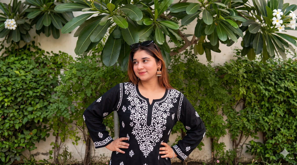 Rayon Short Black with White Thread work Top