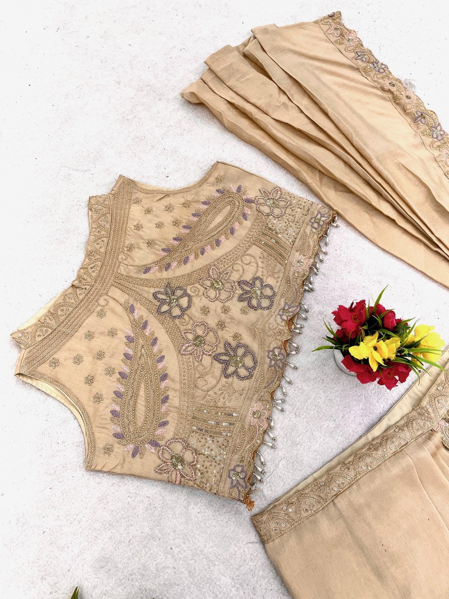 Beidge Fully Stitched Saree 3pc - Chikankari official
