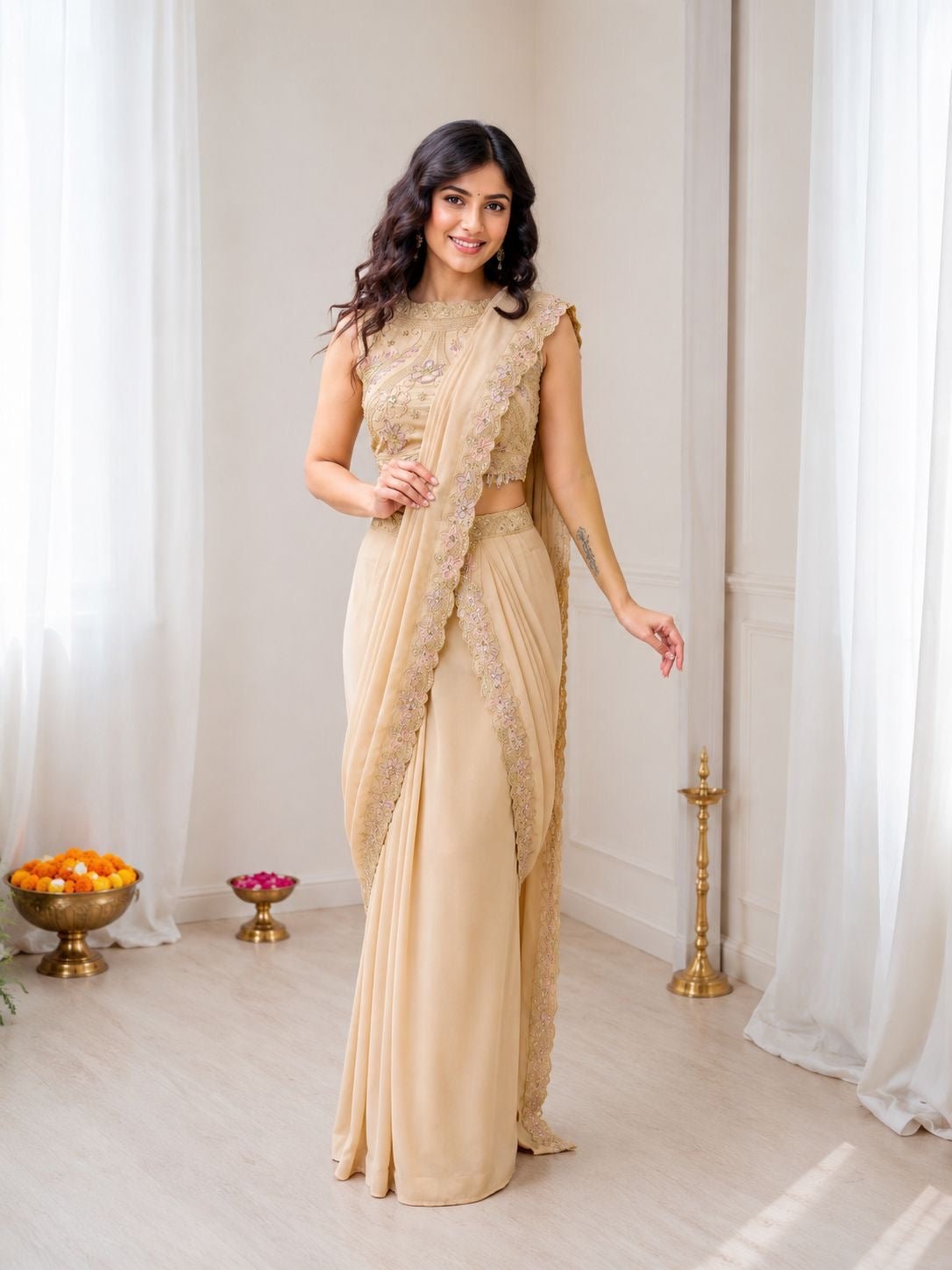 Beidge Fully Stitched Saree 3pc