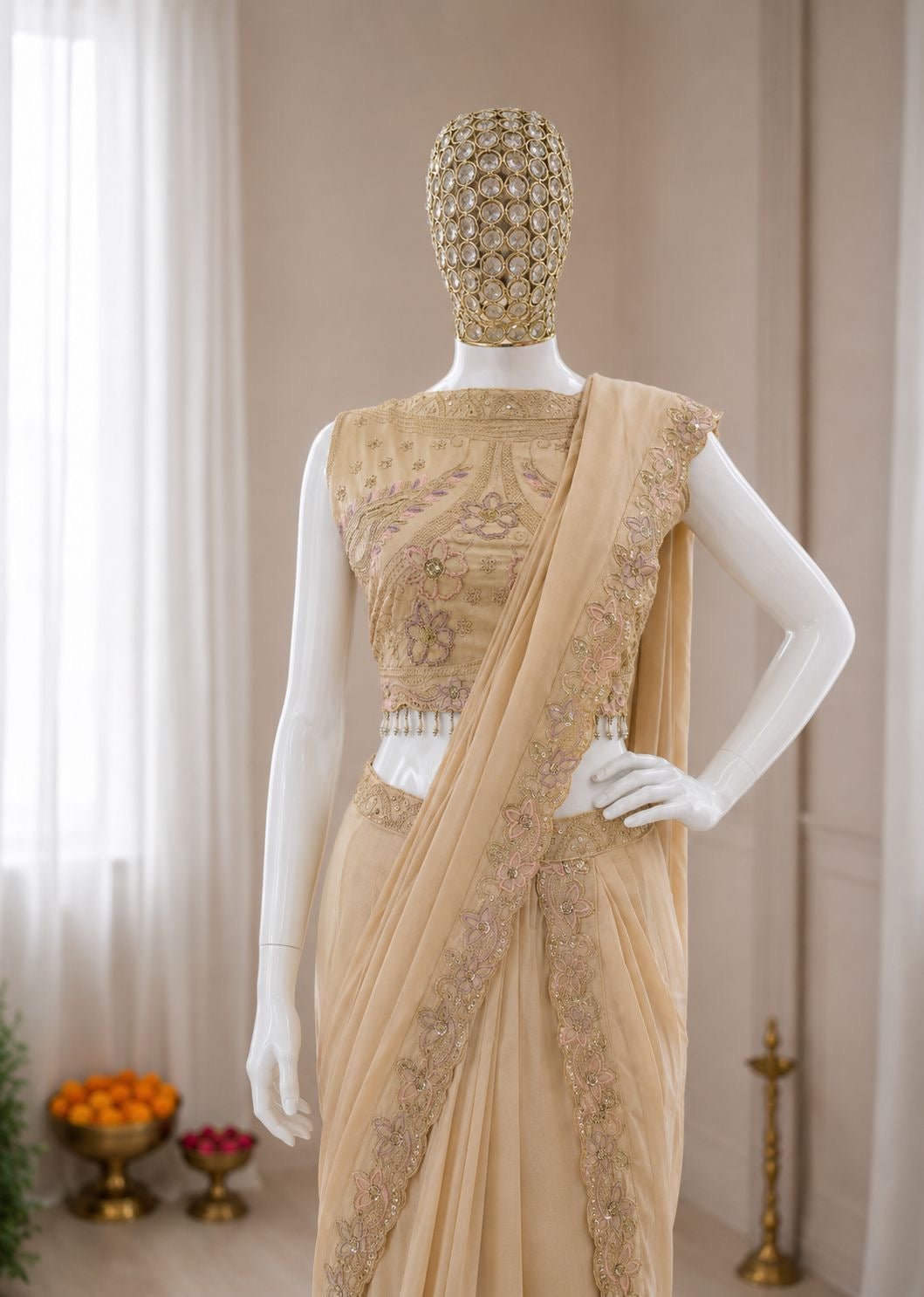 Beidge Fully Stitched Saree 3pc - Chikankari official