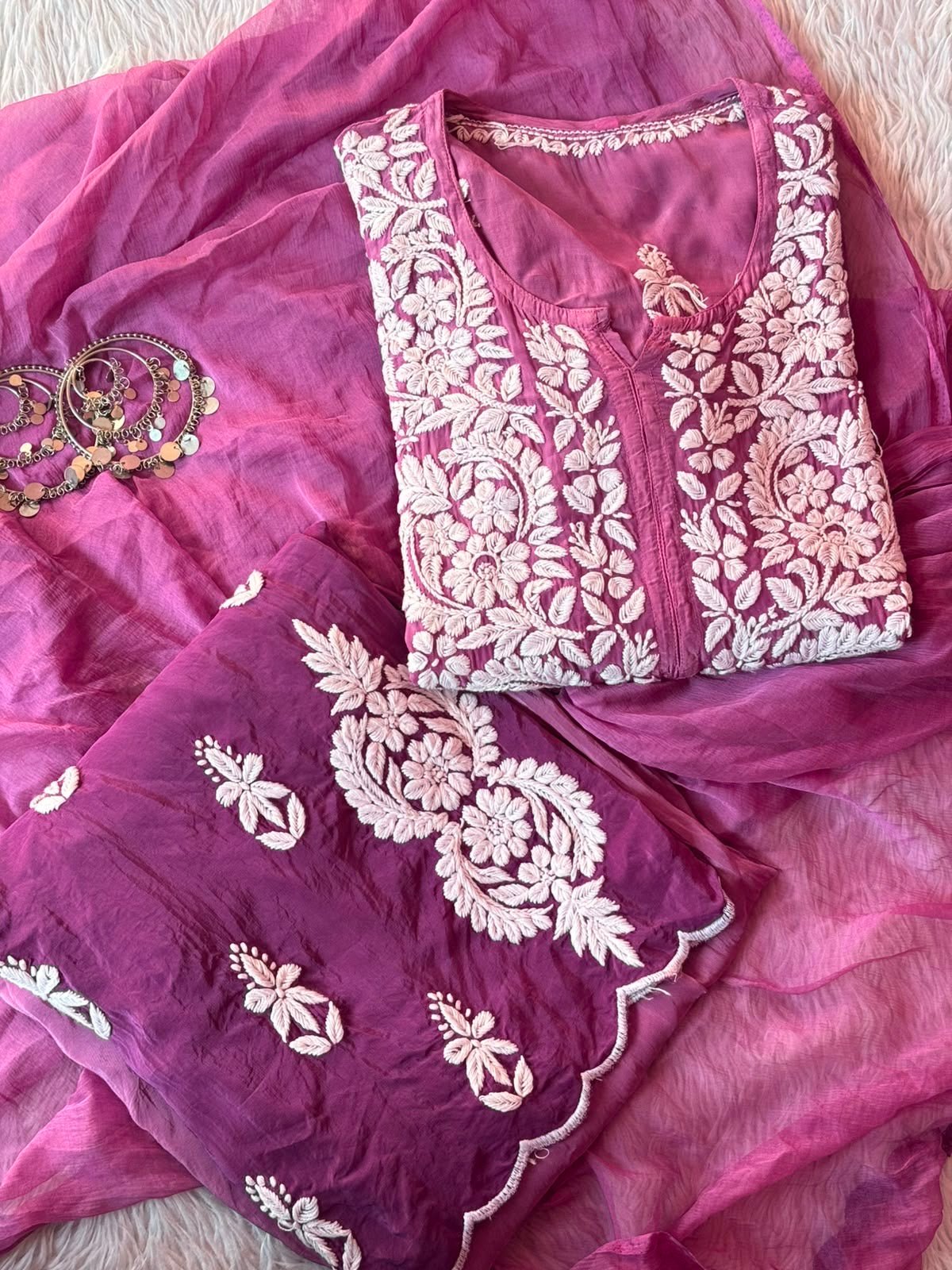Bell Daman qureshiya Dupatta 3d Crepe Set - Chikankari official