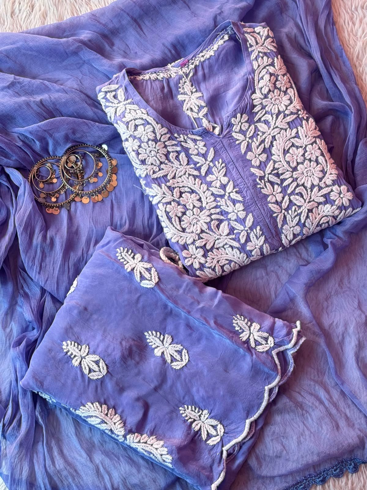 Bell Daman qureshiya Dupatta 3d Crepe Set - Chikankari official